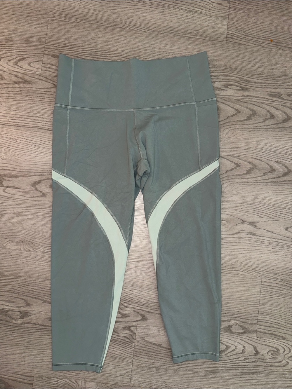 Athleta Sage Green Leggings with Mint Curved Panels